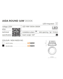 Точковий світильник AZzardo AZ4222 Aida Round 16w 3000k Wh  купити