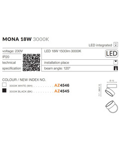 Точковий світильник AZzardo AZ4546 Mona 18w 3000k Wh  купити