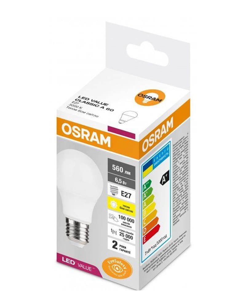Лампа Osram 4058075623040 Led Value CL E27 6,5W/830 3000K 560Lm A60 230V FR ціна