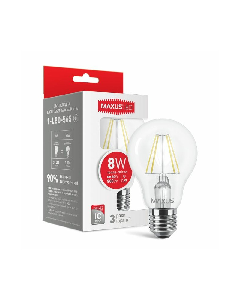 Лампа Maxus 1-LED-565 (filam) А60 E27 8W 3000K 800Lm IP20 цена